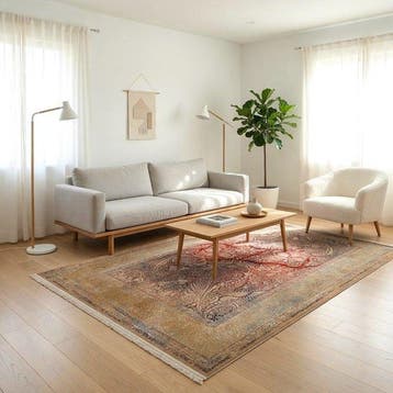 Deluxe beige- en rode tapijt met zijdezachte glans en modern, Maison & Meubles