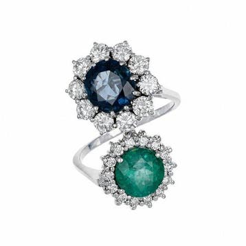 Ring - 18 karaat Witgoud - 5.75ct. tw. Smaragd - Saffier, Nieuw