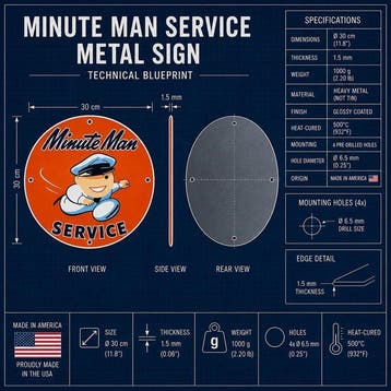Minute Man Service Vintage Ronde Bord 30 cm Zwaar Metaal -