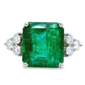 Ring Platina - 6.93ct. tw. Smaragd - Diamant - Smaragdgroene