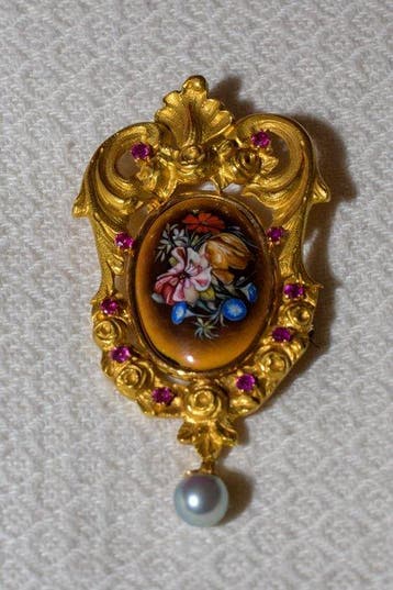 Broche - 18 karaat Geel goud Parel - Robijn - Manifattura