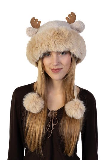 Bontmuts Rendier Fleece Licht Taupe Bont Muts Hoorns Oren To, Ophalen of Verzenden, Nieuw