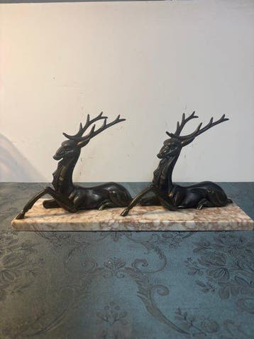 sculptuur, Couple de cerfs couchés - 22 cm - Marmer,