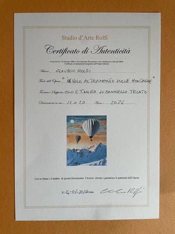 Claudio Rolfi (1960) - In volo al tramonto sulle montagne, Antiquités & Art, Art | Peinture | Moderne