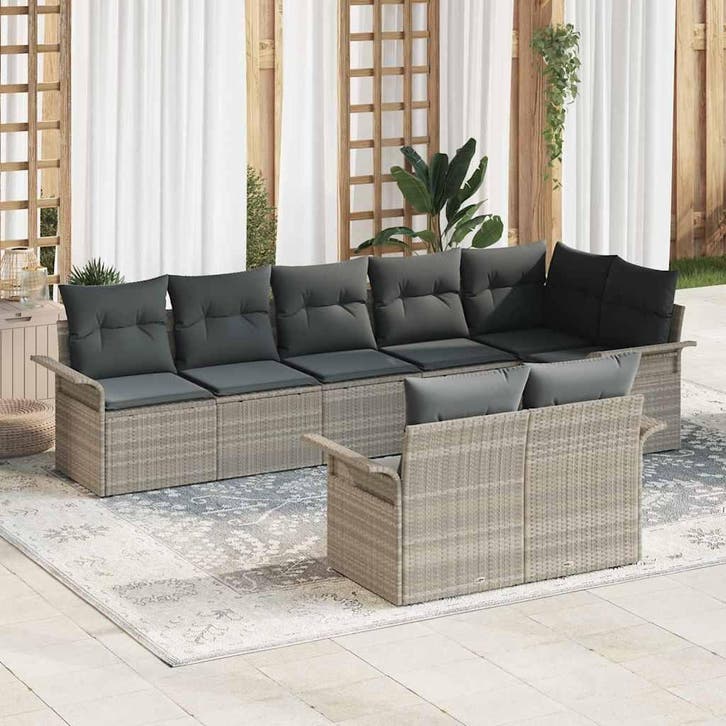 vidaXL Tuinbank Set met kussen 8 pcs Lichtgrijs poly rattan, Tuin en Terras, Tuinsets en Loungesets, Nieuw, Verzenden