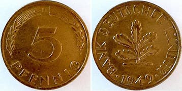 1949d Duitsland 5 Pfennig 1949 D bankfrisch zaponiert, Verzenden, België