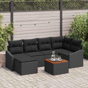 vidaXL Tuinbank Set met kussen 7 pcs Zwart poly rattan, Verzenden