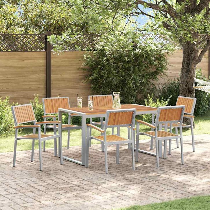 vidaXL Tuin Eettafel Set 7 pcs Grijs Massief Acacia Hout, Tuin en Terras, Tuintafels, Nieuw, Verzenden