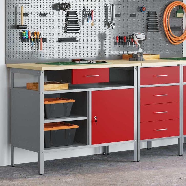vidaXL Werkbank met lade met plank Rood en Grijs 100 x 55 x, Doe-het-zelf en Bouw, Werkbanken, Nieuw, Verzenden
