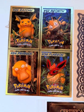 Pokémon - 4 Card - Raichu, Meowth, Psyduck, Flareon, Uncut, Hobby en Vrije tijd, Nieuw