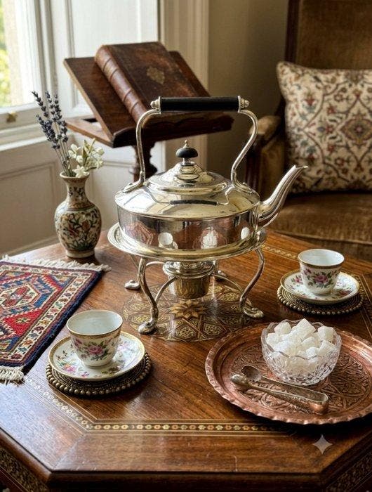 Antique Silver-Plated Tea Kettle on Stand with Warmer -, Antiquités & Art, Art | Objets design