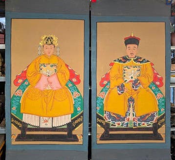 2x schilderijen tonen een paar in formele kleding, - canvas, Antiek en Kunst