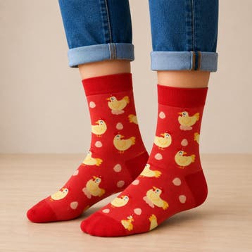 Sokken - Kip Ei Print - Rood Beige Geel - Katoen - Maat