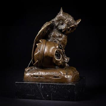 Beeld, Naar J.B. Clesinger: Uil met schedel - 18 cm - Brons,, Antiek en Kunst
