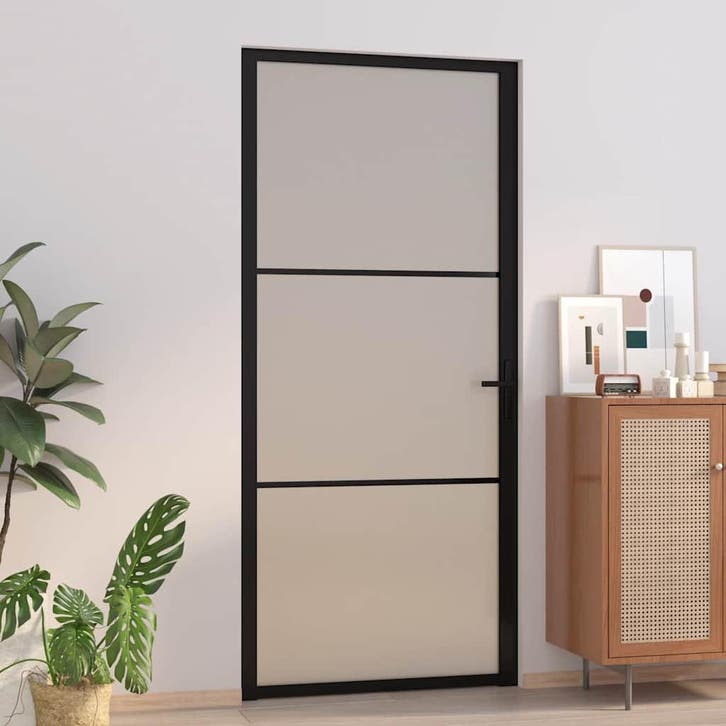 vidaXL Binnendeur 93x201,5 cm matglas en aluminium zwart, Doe-het-zelf en Bouw, Deuren en Vliegenramen, Nieuw, Verzenden