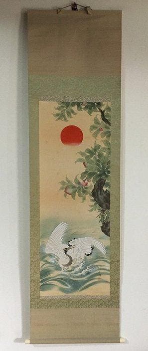 Vintage Japanese Hand-Painted Silk Hanging Scroll Kakejiku -, Antiek en Kunst
