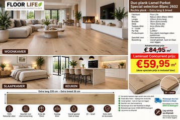 Lamel Parket Blanc geolied 220cm lang X 26cm bred X 15mm dik, Parket, Verzenden, 75 m² of meer, Nieuw