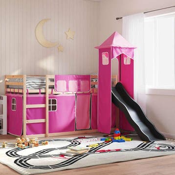 vidaXL Stapelbed met glijbaan en gordijnen roze 80x200 cm, Verzenden