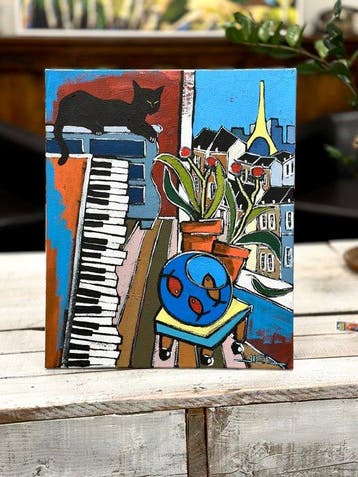 Jiel - Black le chat noir, au vieux piano, avec poissons