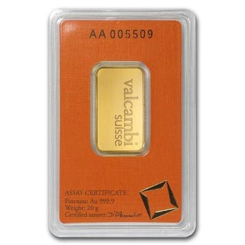 20 gram - Goud .999 - 20g .9999 Fine Gold Bar Valcambi, Postzegels en Munten