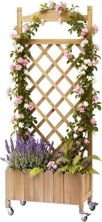 Plantenbak met wieltjes, houten verhoogd bloembed met trelli, Verzenden, Nieuw