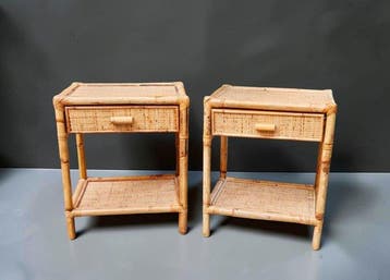 Nachtkastje - Bamboe, Rattan - Een paar vintage nachtkastjes