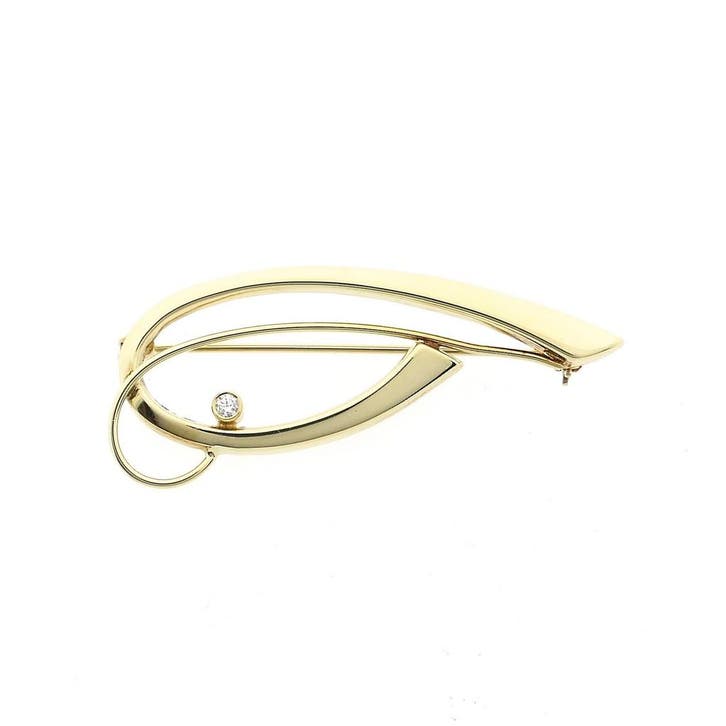 Vintage gouden abstracte broche met zirconia, Handtassen en Accessoires, Broches, Goud, Gebruikt, Met edelsteen, Goud, Ophalen of Verzenden