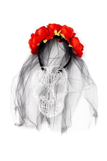 KIMU® Haarband Bruid Skull Ghost Rozen Sluier Skelet Diadeem, Ophalen of Verzenden