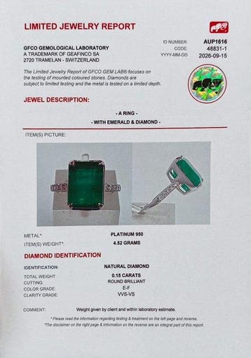 Ring Platina - 4.80ct. tw. Smaragd - Diamant - Levendig, Nieuw