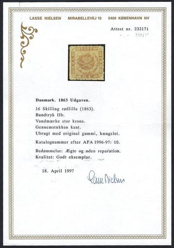 Denemarken 1854/1864 - Wapenschild 16sk lilak - Certificaat, Gestempeld
