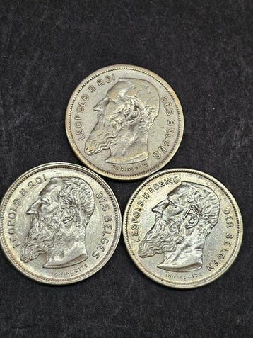 België. 2 Fr 1904 Frans (met punt) + 1909 Frans + Vlaams