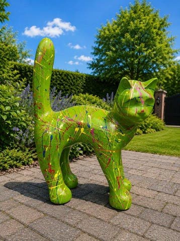 Statue, garden statue cat color green with paint color - 31