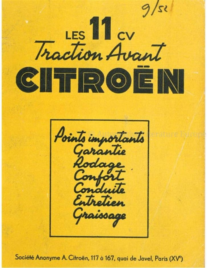 1952 CITROËN TRACTION AVANT INSTRUCTIEBOEKJE FRANS, Autos : Divers, Modes d'emploi & Notices d'utilisation