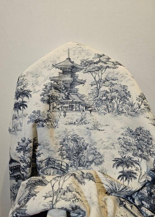 Originale Oriëntaalse Toile de Jouy stof blauw en wit -, Antiquités & Art, Tapis & Textile