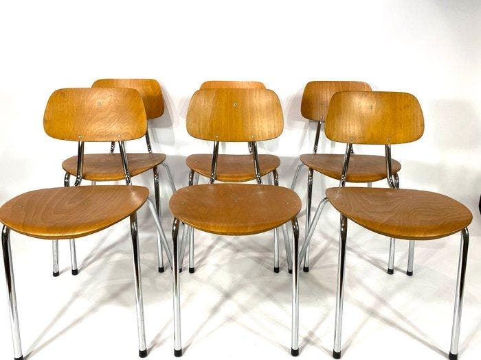 Stoel - Hout, Chroom - Set van zes vintage stoelen, Antiek en Kunst, Kunst | Designobjecten
