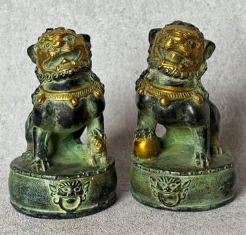 Beeld, Paar foo dogs (Zonder Minimumprijs) - 11 cm - Brons