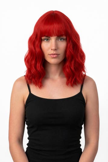 KIMU® Luxe Rood Pruik Schouderlengte Rechte Pony Krullen Don, Ophalen of Verzenden