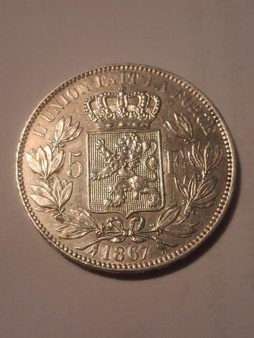 België. Leopold II. 5 Francs 1867 (Zonder minimumprijs)