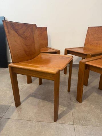 Stoel - Hout, Leder - Set van vier vintage stoelen - Houten