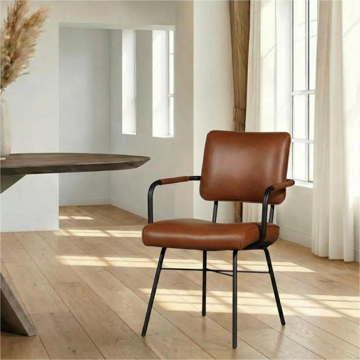 Leren eetkamerstoel Solid met armleuning - Granada Savannah, Huis en Inrichting, Stoelen, Bruin, Nieuw, Leer, Ophalen of Verzenden