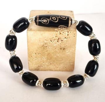 Agaat & Obsidiaan - Heilige amulet - dZi met 6 ogen - Trekt
