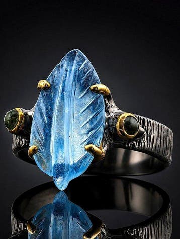 Uitgehouwen aquamarijnring - 925 sterlingzilver - zwart, Antiek en Kunst