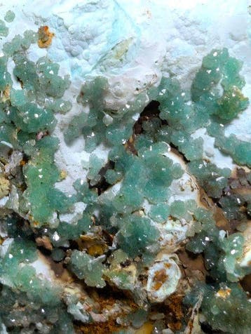Glanzende adamietkristallen in een polymorf monster uit de