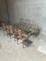 Tafel (7) - Chroom, Glas, Katoen - Tafel met 6 stoelen