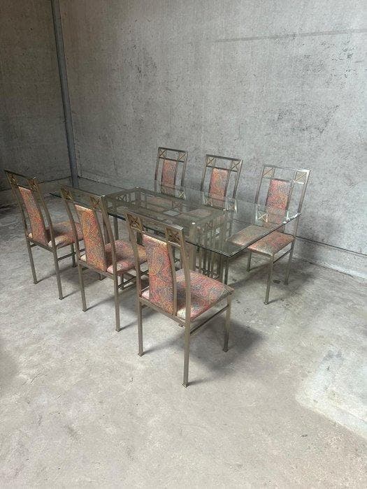 Tafel (7) - Chroom, Glas, Katoen - Tafel met 6 stoelen, Antiquités & Art, Antiquités | Meubles | Chaises & Canapés