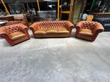 Canapé (3) - Chesterfield - Cuir, Bois