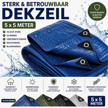 Dekzeil 5 x 5 m, 70 g/m² sterk, 20 ringen, versterkte hoe.., Doe-het-zelf en Bouw, Zeil en Folie, Ophalen of Verzenden, Nieuw