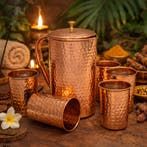 Puur Koperen Set: Kan (±1,5 l) + 4 Bekers Gehamerd, Ophalen of Verzenden, Nieuw