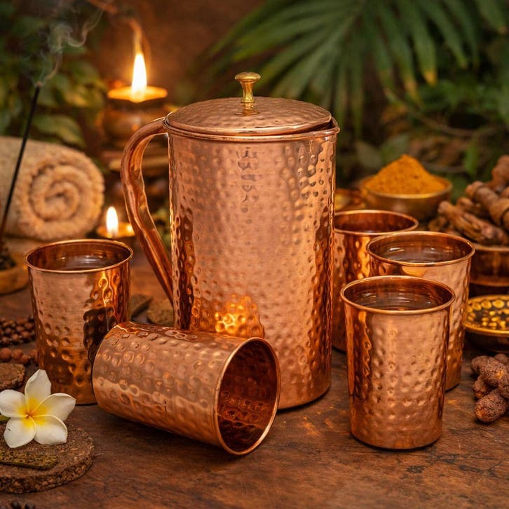 Puur Koperen Set: Kan (±1,5 l) + 4 Bekers Gehamerd, Sports & Fitness, Produits de santé, Wellness & Bien-être, Enlèvement ou Envoi