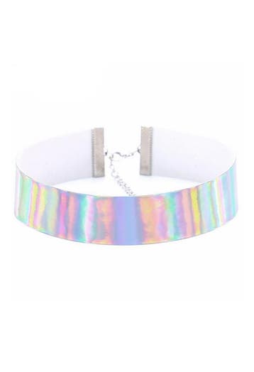 KIMU® Choker Zilver Iridescent Holografische Ketting Halsban, Handtassen en Accessoires, Kettingen, Ophalen of Verzenden, Nieuw